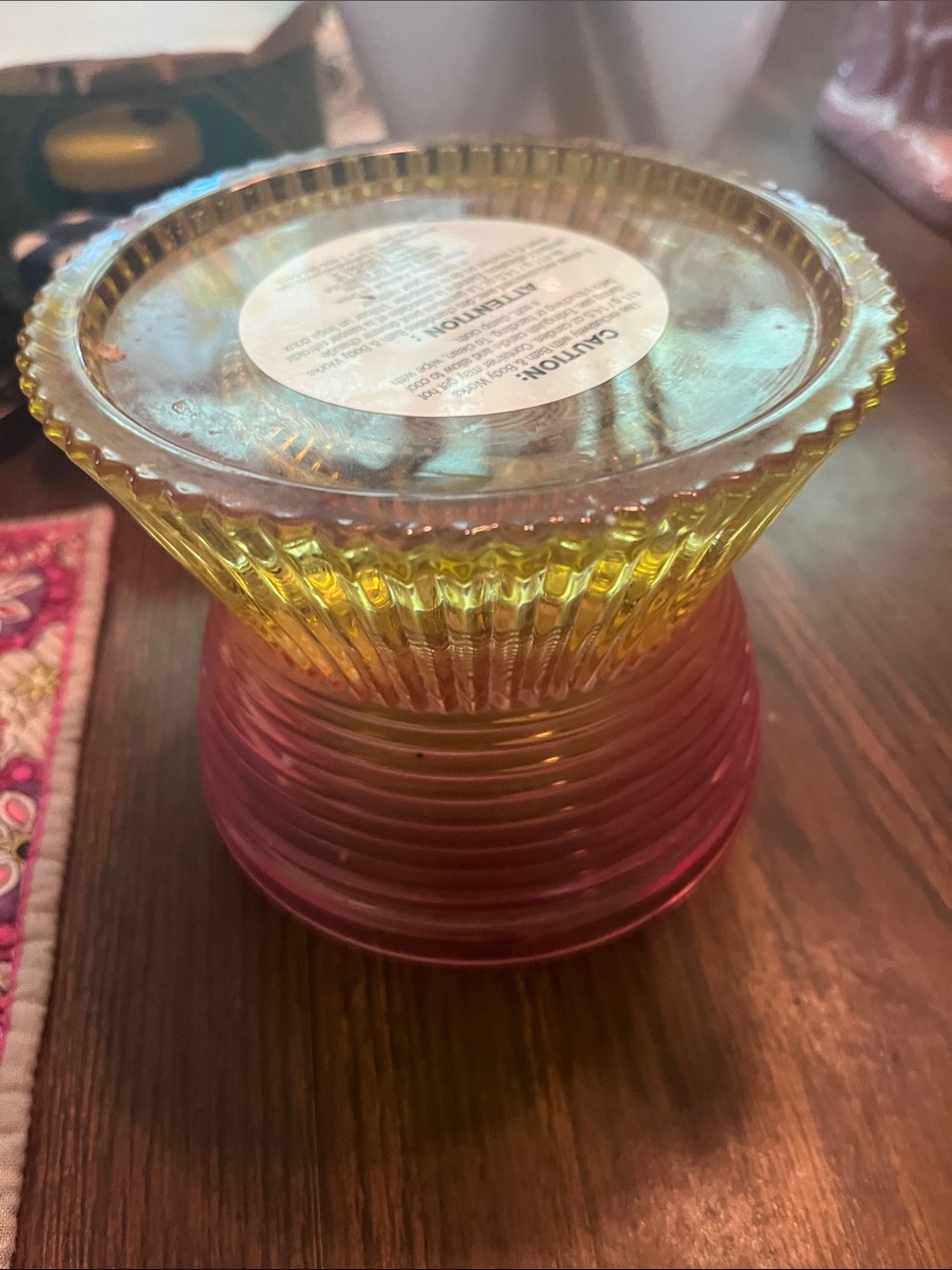 Two-Tone Ribbed Glass Candle Holder - Yellow & Pink gently used